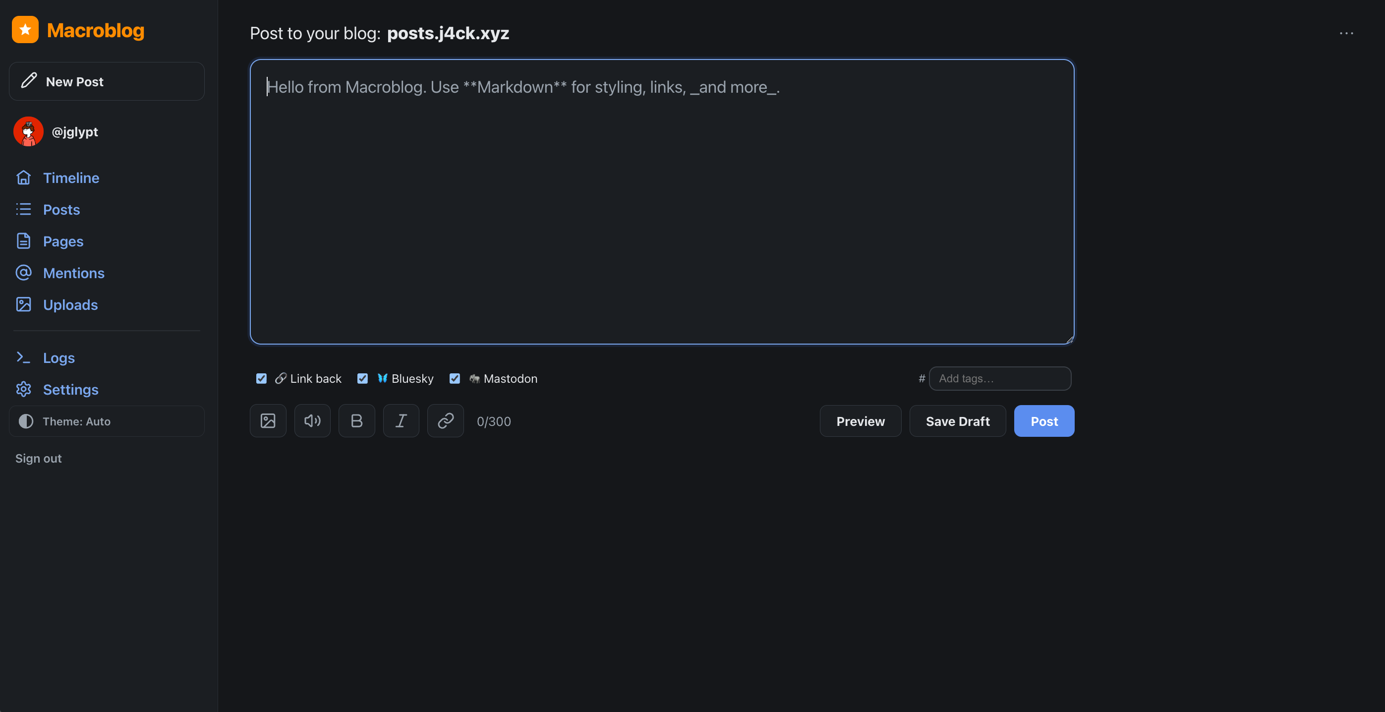 Dark-themed Macroblog editor screen with a left sidebar showing New Post